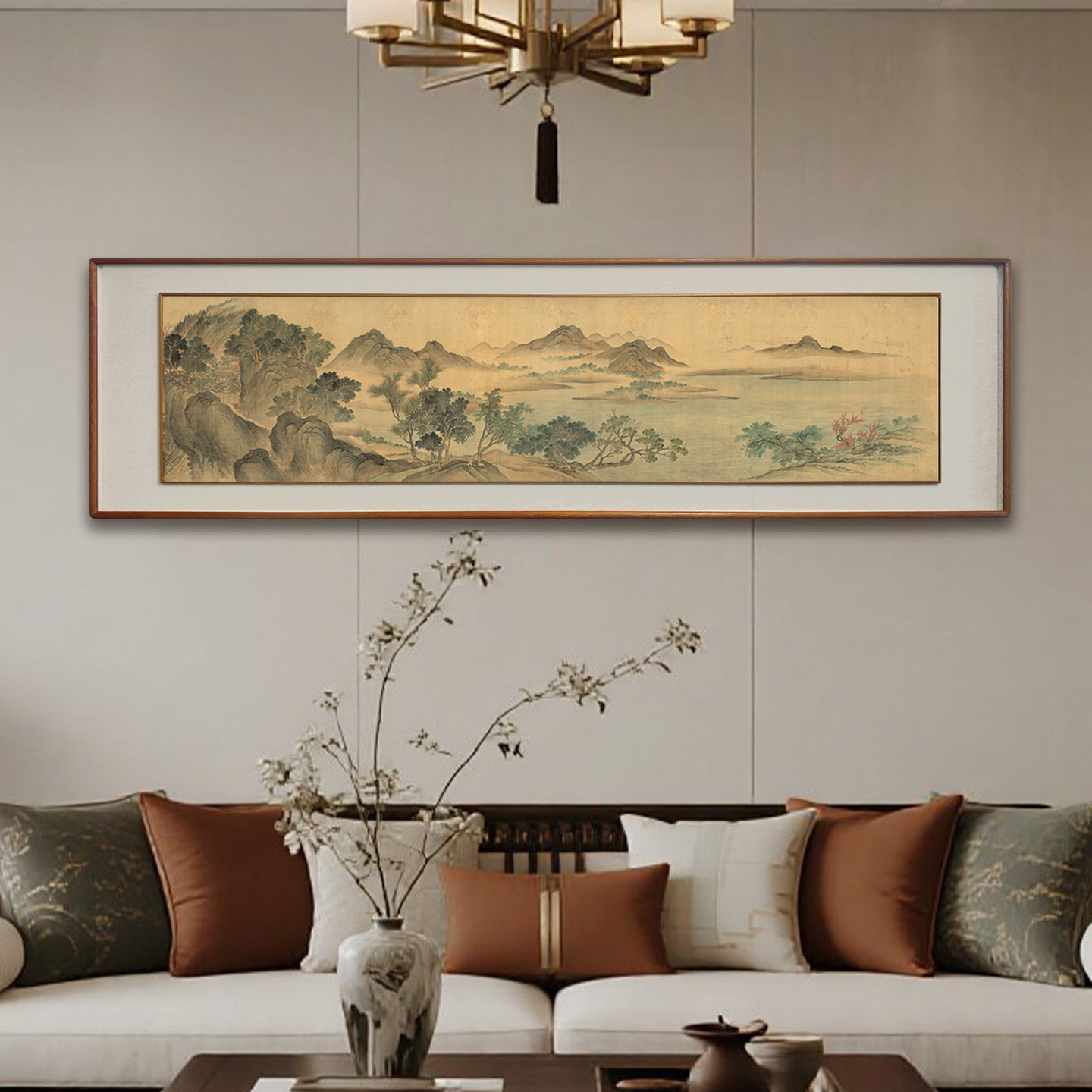 （湖山春暖图）水墨山水画客厅沙发背景挂画墙壁装饰画中式美学,淘宝优惠券,粉丝福利购,淘宝优惠卷