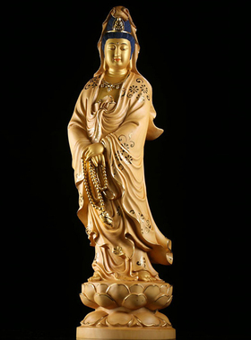 黄杨木雕彩绘贴金观音菩萨佛像