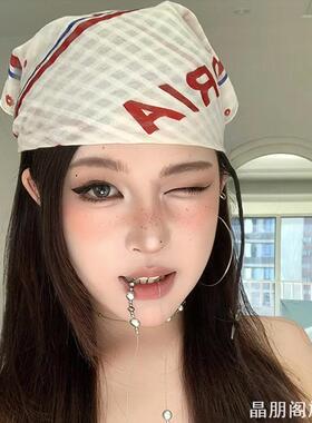 海边度假专用红白字母包头巾轻薄防晒透气沙滩裹头丝巾百搭饰品