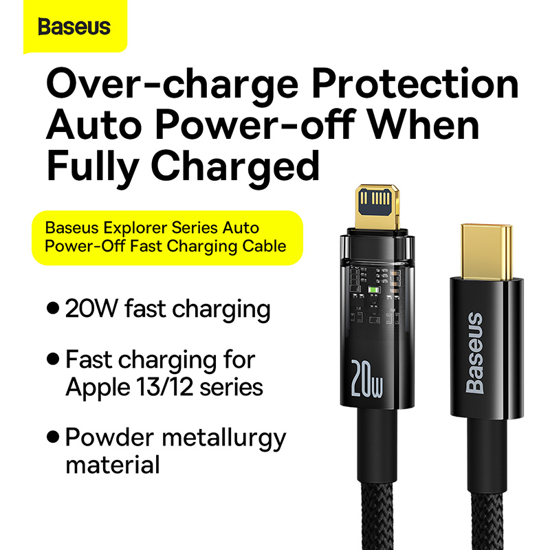 适用苹果数据充电线Baseus 20W USB C Cable For iPhone 14 13 12 11 Pro Max Mini Auto Power-Off Charging-图0