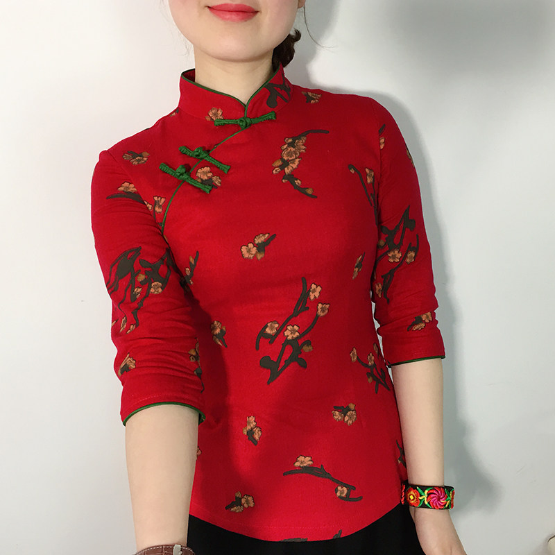 春日常中国风复古女装改良棉麻旗袍 傲雪屋上衣