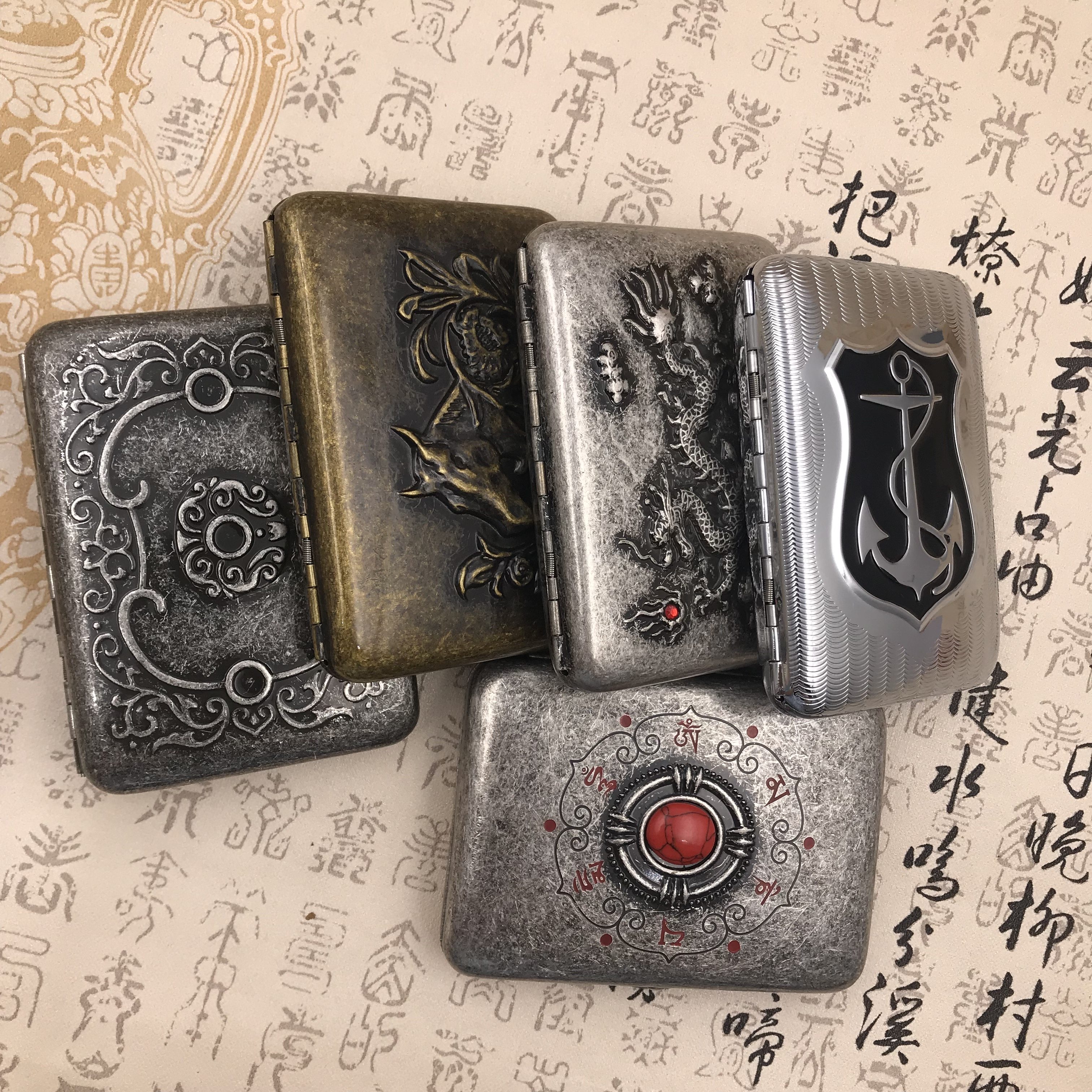 【祝融】创意浮雕图案黄铜双枪16支烟盒如意花烙印吉祥寓意香烟夹