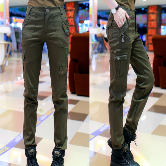2025 spring, autumn and winter straight women's pants sports work trousers black plus velvet slim pencil pants outdoor camouflage clothing