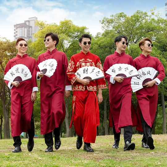 中式婚礼伴郎服中国风唐装马褂结婚兄弟团礼服大码秋冬男相声大褂