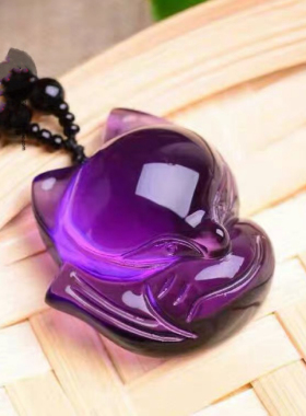 紫水晶大头萌狐狸吊坠男女紫晶灵狐项坠项链挂件情侣一对礼物