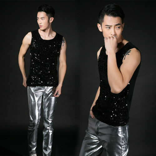 新款男歌手宽松背心潮男装大码表演服亮片演出服装舞台时尚 - 图0