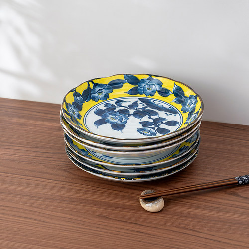 美浓烧日本进口黄彩山茶8.5英寸平盘陶瓷深盘家用高颜值餐具 - 图3