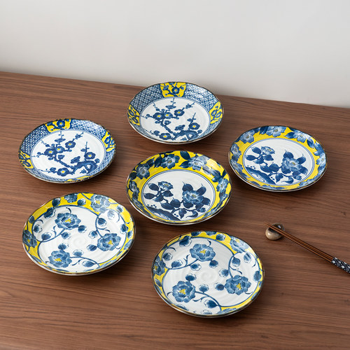 美浓烧日本进口黄彩山茶8.5英寸平盘陶瓷深盘家用高颜值餐具 - 图0