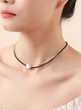 高级感法式复古锁骨链优雅珍珠黑色人造水晶短款项链颈链2022