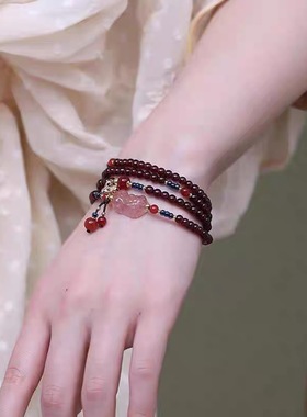 新中式招财貔貅草莓晶三圈串珠石榴石手链国风小众高级感手串配饰