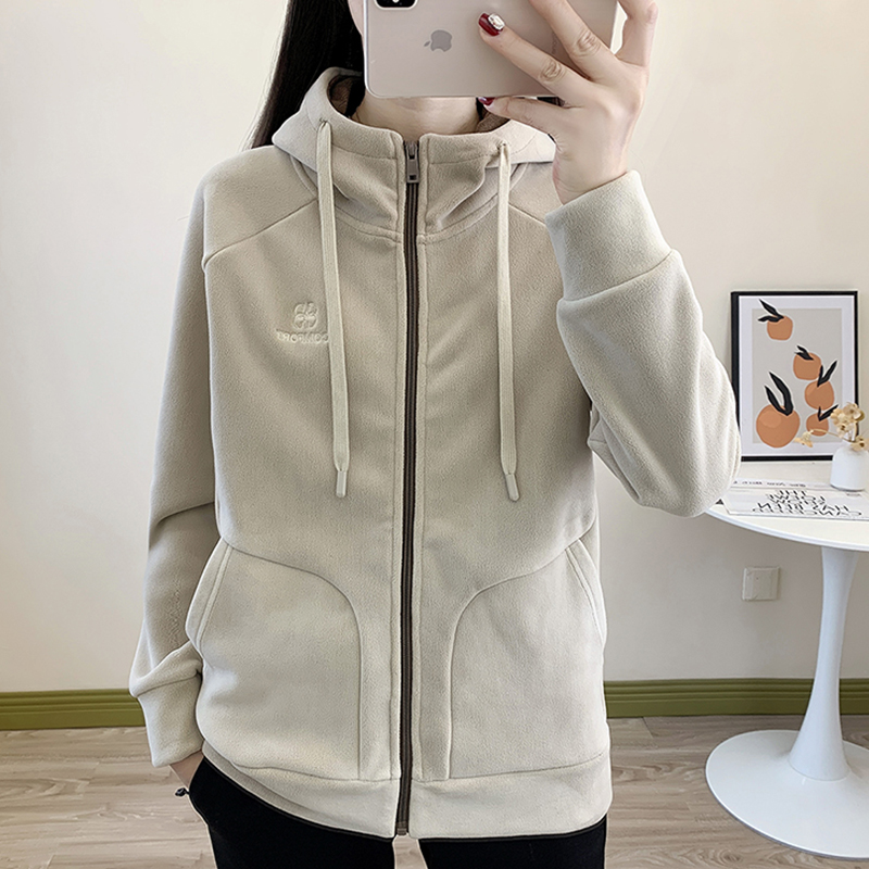 户外奥粒绒连帽抓绒衣女秋冬上衣摇粒绒开衫保暖登山徒步卫衣外套 - 图0