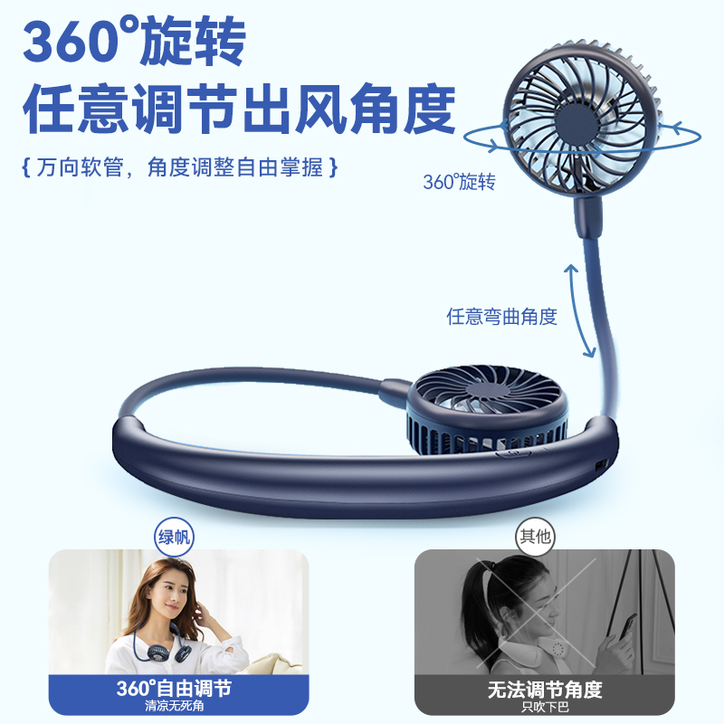 绿帆挂脖小风扇便携式迷你懒人挂颈脖子usb充电可折叠静音随身小型电扇网红学生厨房露营户外制冷空调大风力