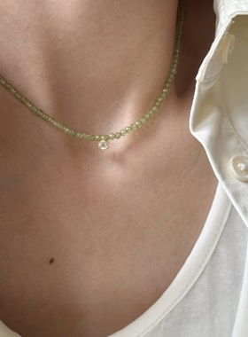 小钻绿色天然石纯银项链橄榄石