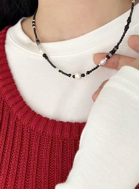 复古拉丝球黑色项链S925银串珠