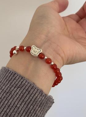 足银小熊手串红玛瑙转运珠手链