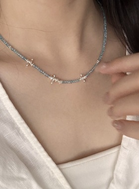 碎银子天然石蓝色项链S925银串珠