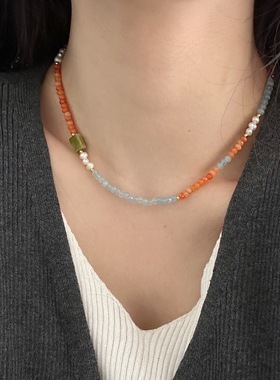 简约小清新天然石项链通体S925银