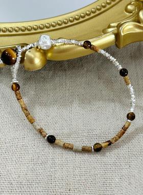 小众拼接虎眼石精致手链通体S925纯银秋冬款碎银子美拉德手串女