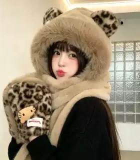 2026新款帽子女冬季冬天帽豹纹毛绒连帽围巾一体保暖骑车围脖防寒