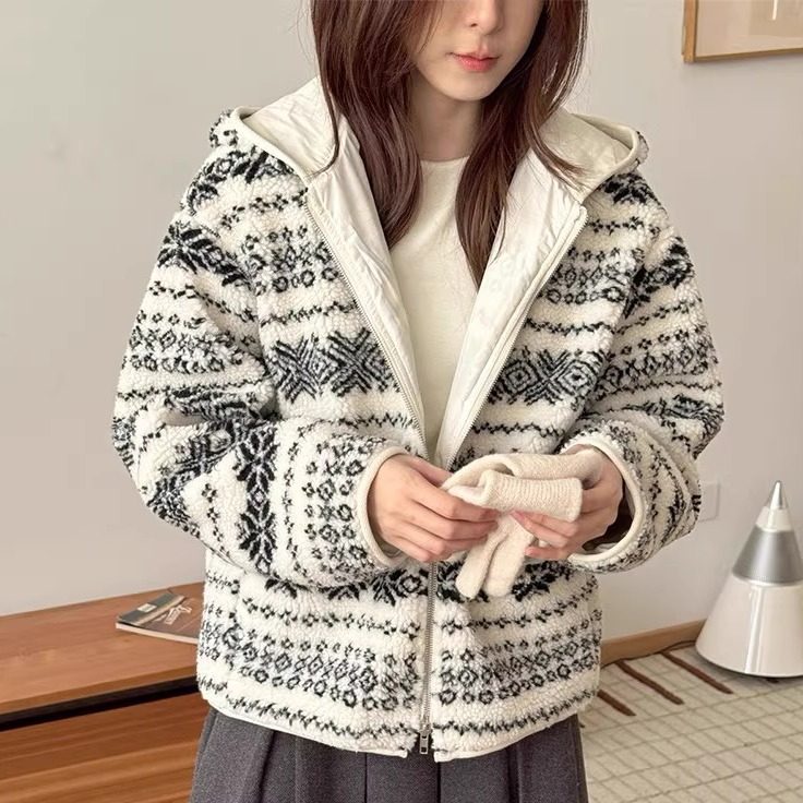 高品质！韩国2025秋冬新款复古费尔岛提花夹克女羊羔毛慵懒感外套,淘宝优惠券,粉丝福利购,淘宝优惠卷