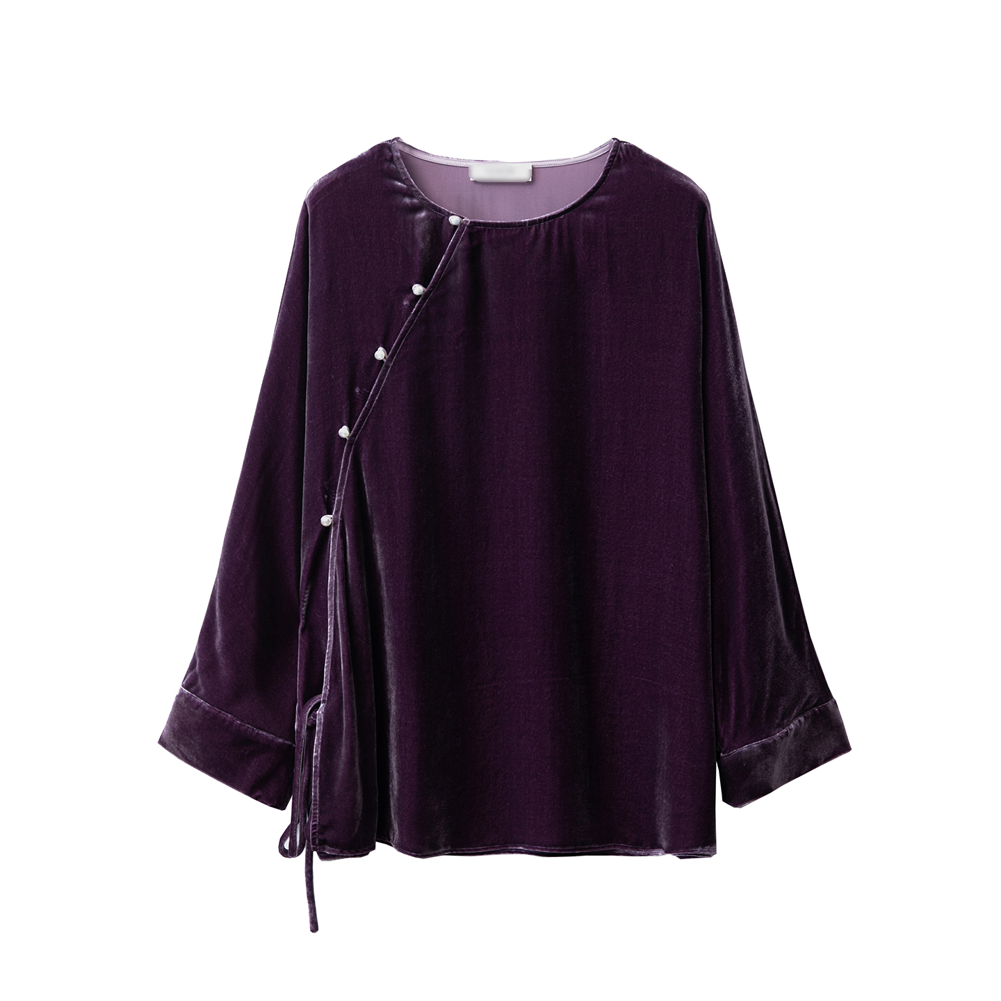 一丝牵圆领珍珠扣国风斜门襟真丝丝绒系带长袖上衣宽松显瘦桑蚕丝 - 图3