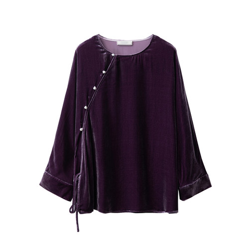 一丝牵圆领珍珠扣国风斜门襟真丝丝绒系带长袖上衣宽松显瘦桑蚕丝 - 图3