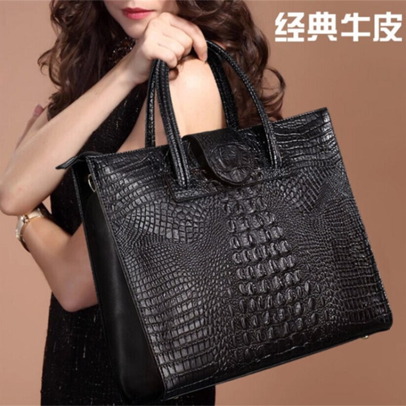 新款鱷魚紋真皮職業女包女士牛皮單肩手提包大包黑色公文包商務包