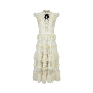 LULUALWAYS商场同款26春季新款法式飞飞袖蕾丝蛋糕裙长连衣裙