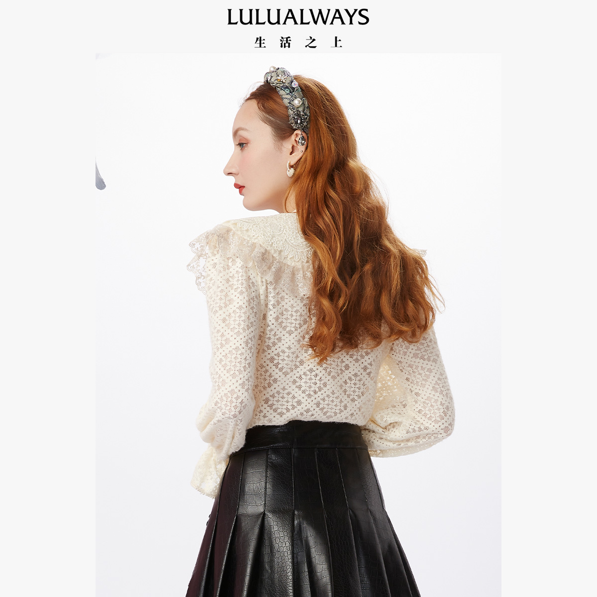 lulualways冬季法式系带长袖雪纺衫 LULUALWAYS蕾丝衫/雪纺衫