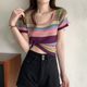 Rainbow Stripe Square Neck ເສື້ອທີເຊີດແຂນສັ້ນຂອງແມ່ຍິງບ່າຂວາ
