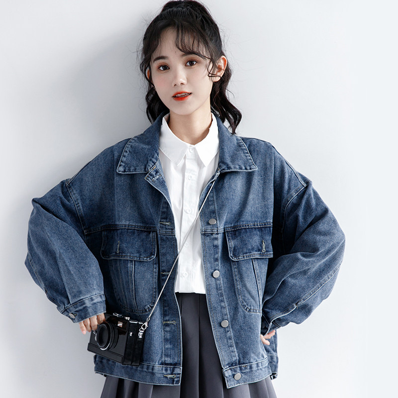 韩国2025早秋新款学院风深蓝色牛仔外套女秋冬韩版宽松夹克短外套,淘宝优惠券,粉丝福利购,淘宝优惠卷