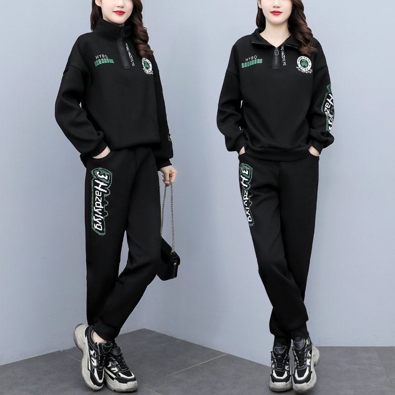 一整套秋冬加绒加厚休闲大码女装冬季加厚卫衣长袖天鹅绒牛仔套装 - 图1