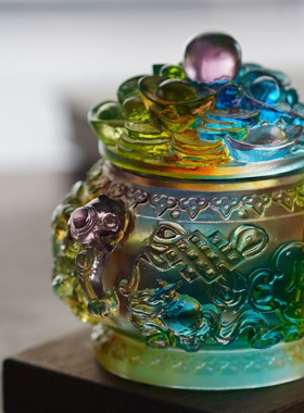 珍悦古法琉璃八吉祥聚宝盆摆件