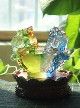 珍悦古法琉璃四方纳财金蟾聚宝盆