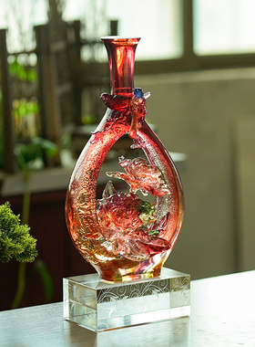 琉璃牡丹花玉春纳福花瓶桌面摆件