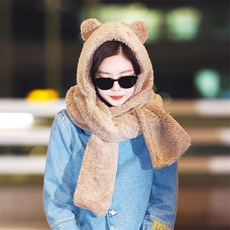 Jennie小熊帽子围巾一体女冬季三件套加厚保暖韩版学生可爱连体帽