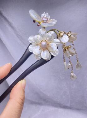 黑檀手工贝壳花朵u型双插高级感发簪新中式檀木盘发簪子礼物发钗
