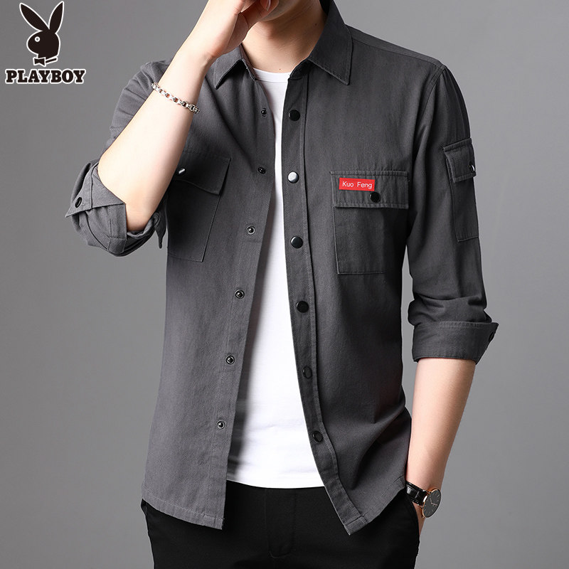 花花公子工装男士长袖纯棉秋季衬衫 playboy大象衬衫