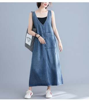 ພາກຮຽນ spring ແລະ summer ໃຫມ່ສີແຂງ V-neck denim sleeveless denim dress ຍາວກາງຂອງແມ່ຍິງ retro ຂະຫນາດໃຫຍ່ກະເປົ໋າ suspender ບາດເຈັບແລະ