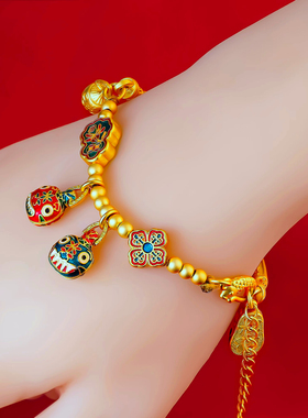 吞金兽一家三口手链女古法烧蓝珐琅半镯手串招财转运沙金手镯手饰
