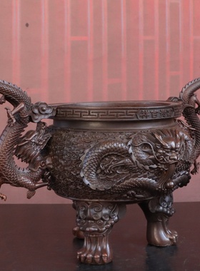 纯黄铜五龙香炉摆件九龙盘龙圆炉