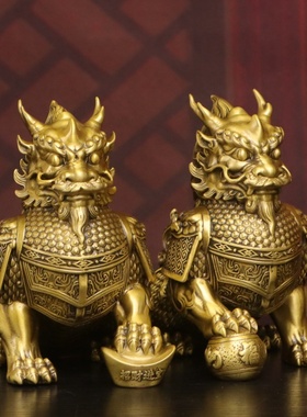 纯黄铜麒麟一对客厅办公室摆件