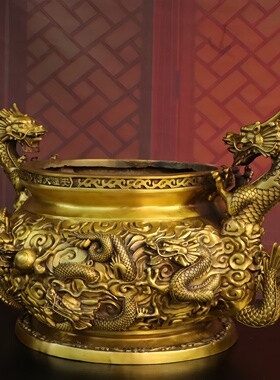 纯黄铜九龙香炉佛堂供奉摆件