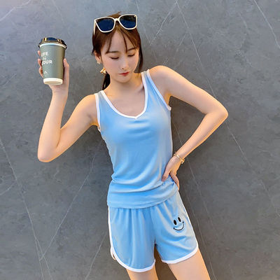 2021夏新款女士撞色笑脸运动套装短款休闲运动居家户外两件套装