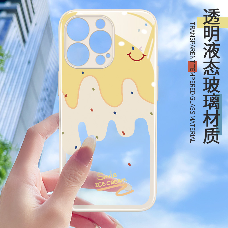 适用苹果14promax手机壳新款iphone15女透明液态玻璃IP14plus潮牌卡通ins风pro网红ip潮创意超薄钢化14保护套