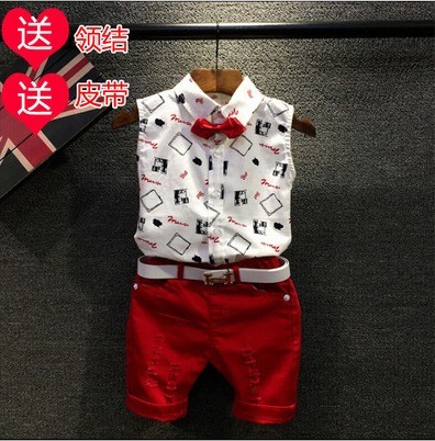 童裝男童2019夏裝套裝小男孩韓版新品潮男童印花襯衫+短褲兩件套