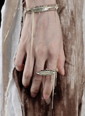 中性森系彩珠叶子金属流苏戒指女