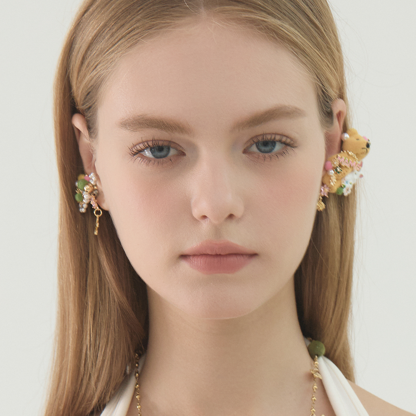 BING美丽熊系列 超可爱多巴胺小白兔毛绒黄熊不对称耳环项链戒指 - 图0