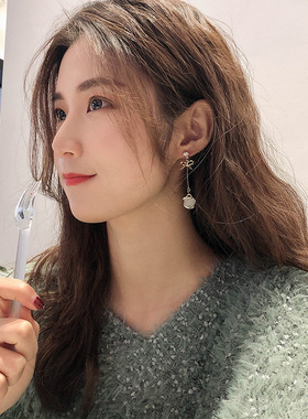 925银针耳环女玫红色气质珍珠长款耳坠耳钉耳饰义乌批发饰品包邮