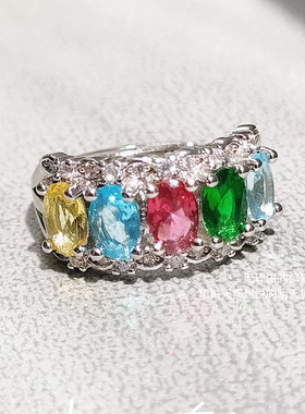 天然多宝水晶戒指女排戒多种彩色宝石水晶925银镀18k金镶嵌活口款